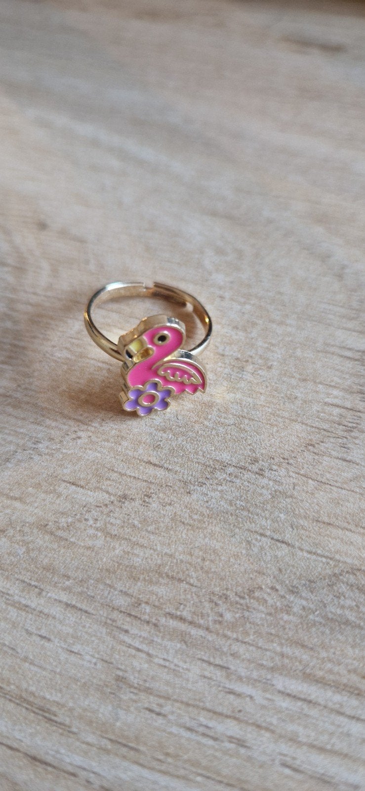 Leuke kinderring met roze flamingo en bloem, Ophalen of Verzenden, Gebruikt, Roze, Ring