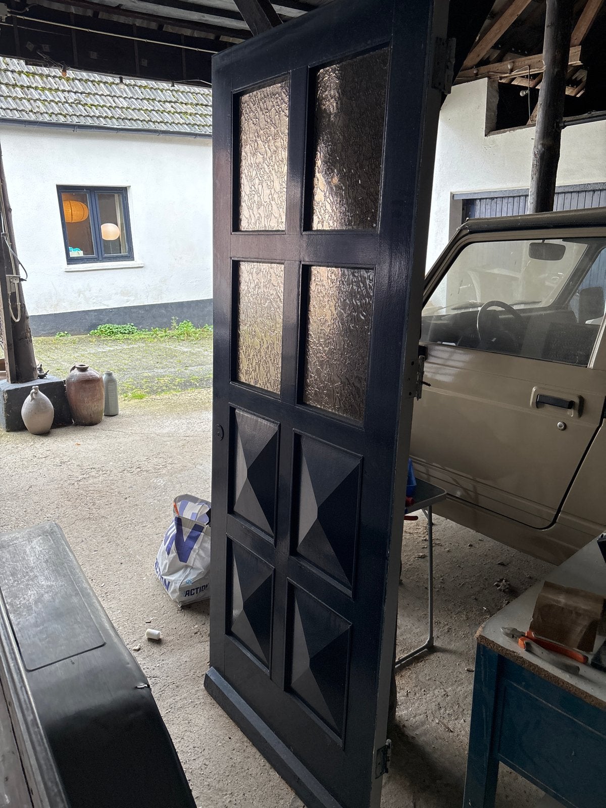 Oude hardhouten voordeur met enkel glas (215,5x87 cm), Ophalen, Gebruikt, 80 tot 100 cm, 215 cm of meer
