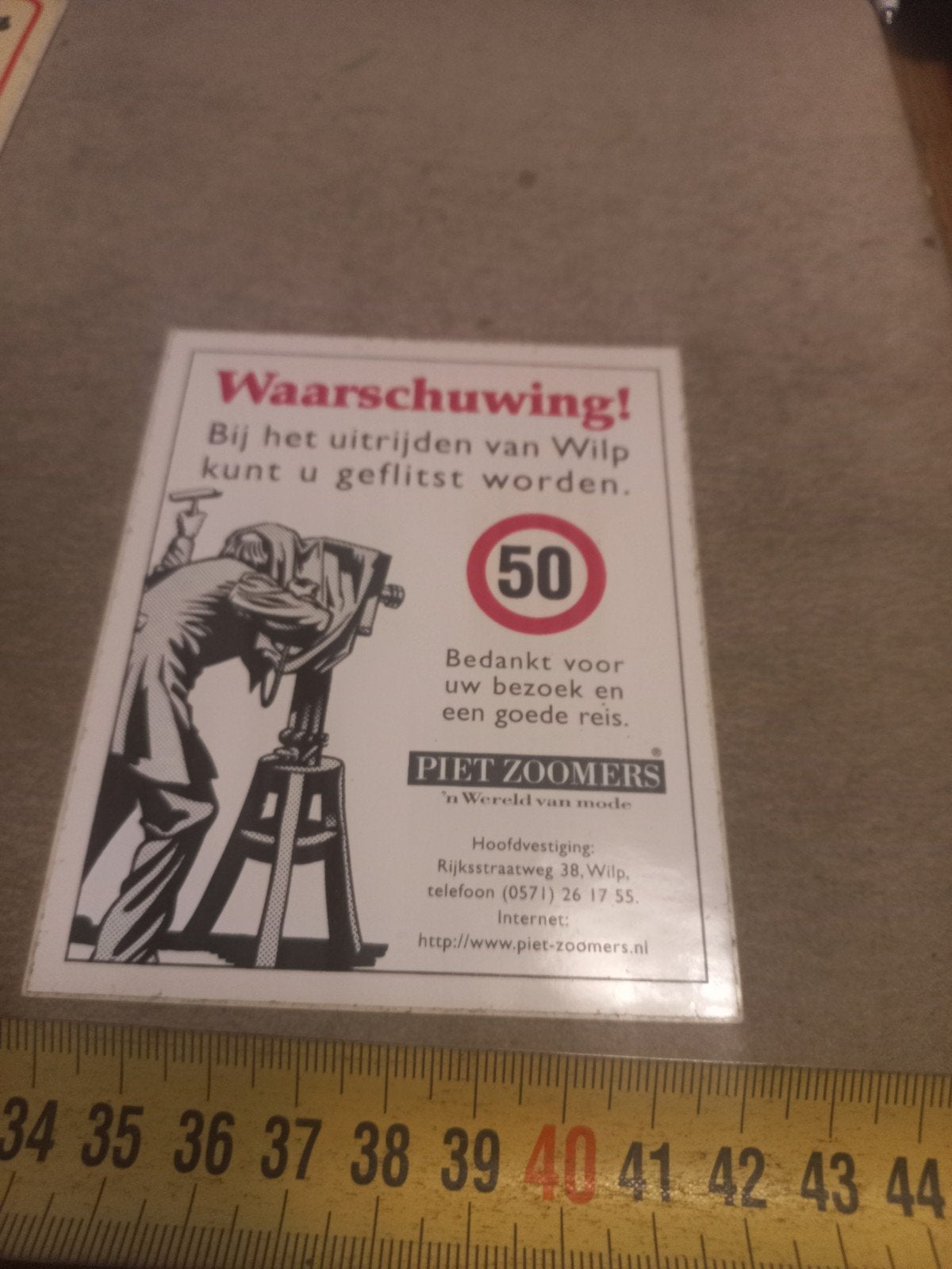 Piet Zoomers Waarschuwingssticker Wilp 50 km/u, Ophalen of Verzenden