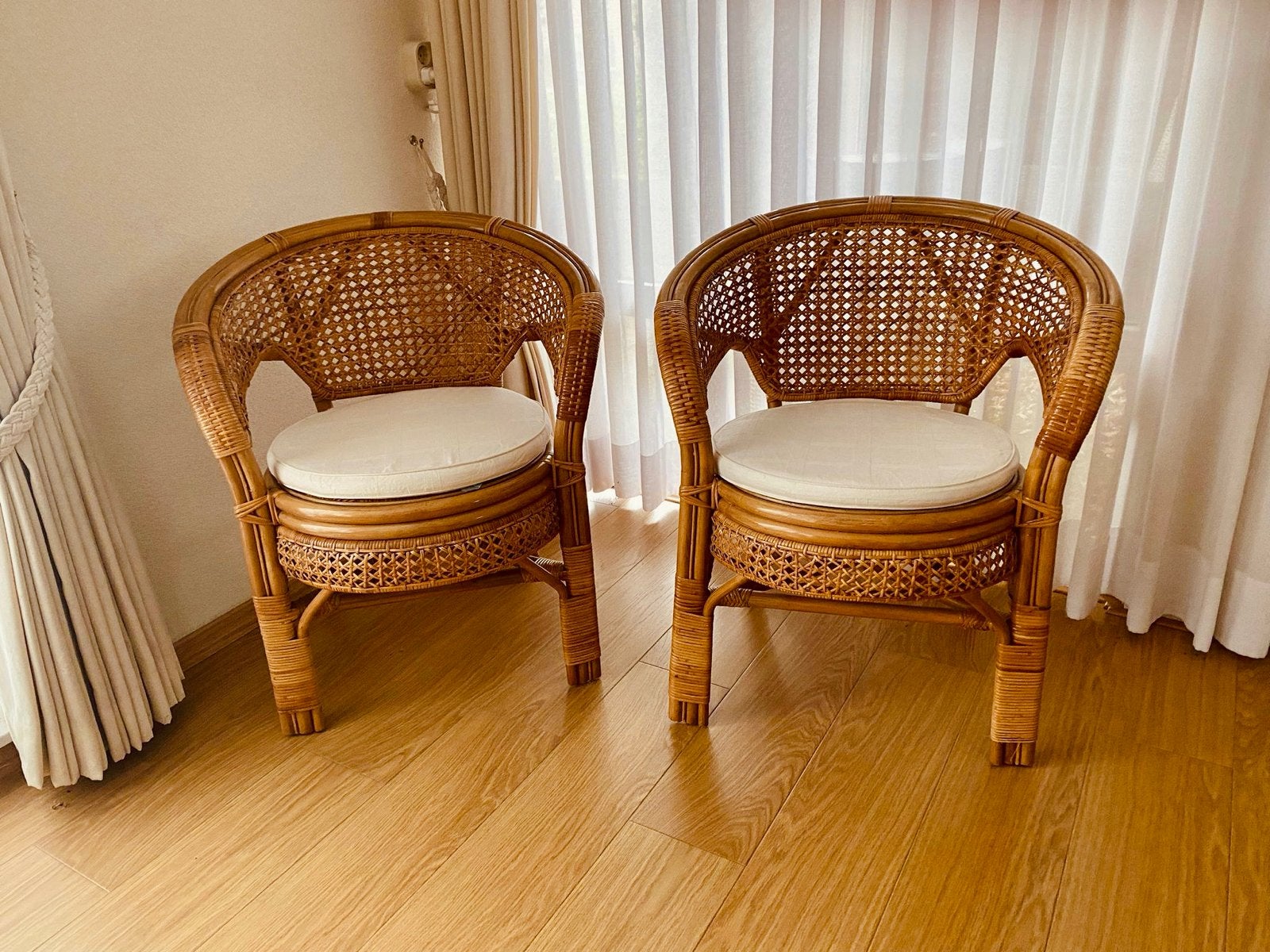 Set van 2 rotan stoelen met kussens, Ophalen, Gebruikt, Twee, Bruin