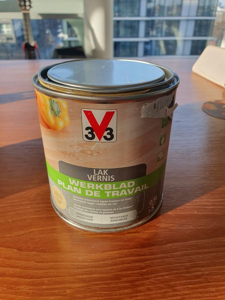 V33 werkblad lak kleurloos zijdeglans 500ml, Ophalen, Wit, Lak