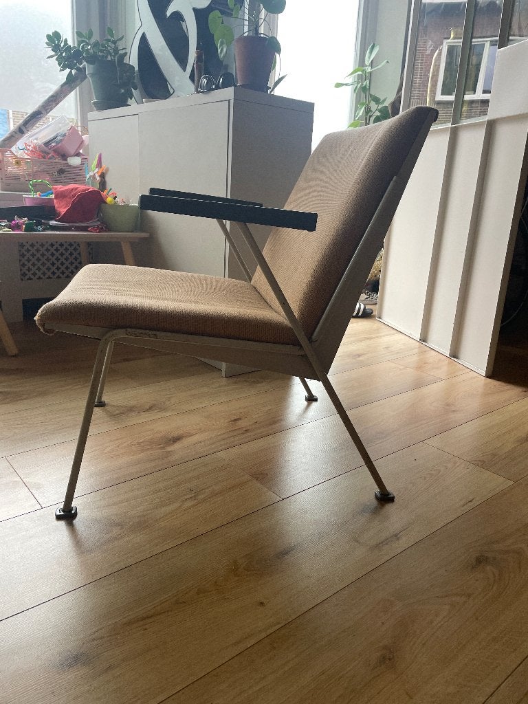 2x vintage Gispen 1401 / 415 fauteuil Wim Rietveld jaren 50, Ophalen, Gebruikt, Grijs, Twee