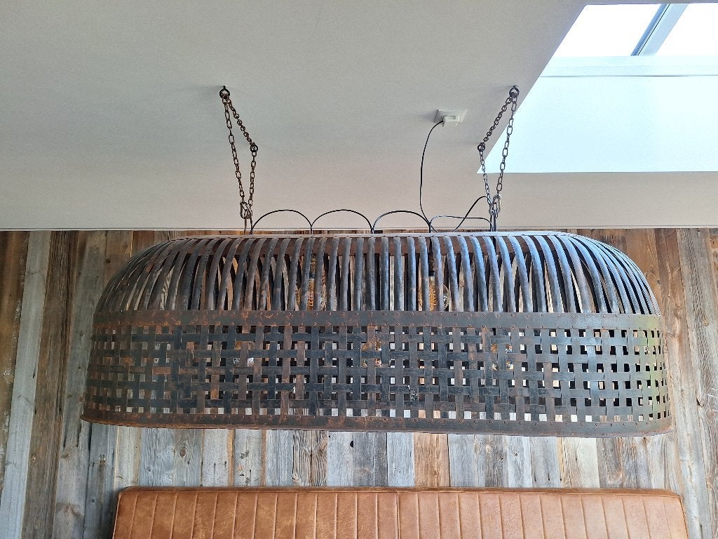 Stoere Smeedijzeren Kooilamp / Korflamp, Ophalen, Hanglamp, E27 (groot), Zo goed als nieuw