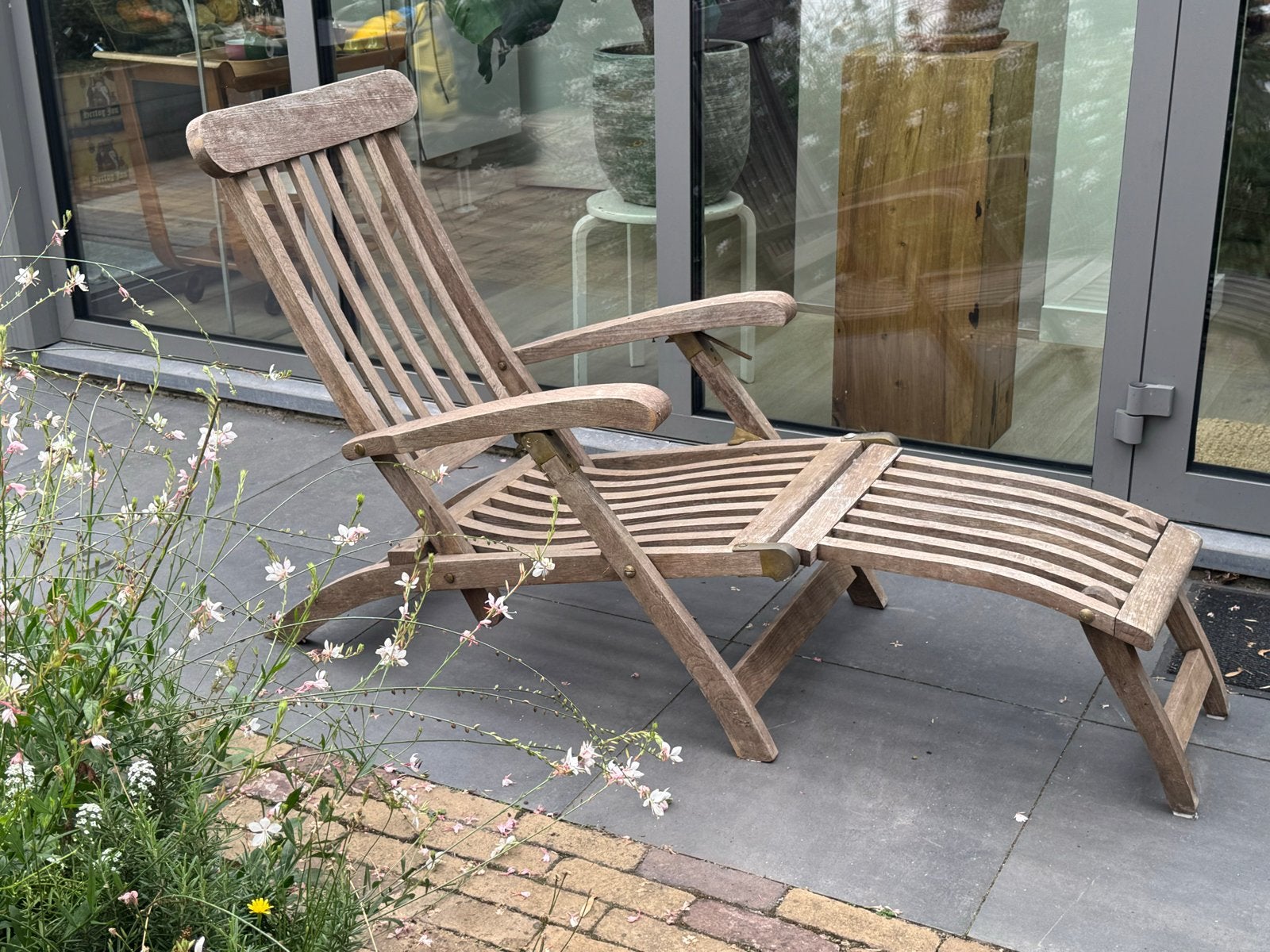 Teakhouten verstelbare ligstoel met voetensteun, Tuin en Terras, Ophalen, Gebruikt, Teakhout, Inklapbaar