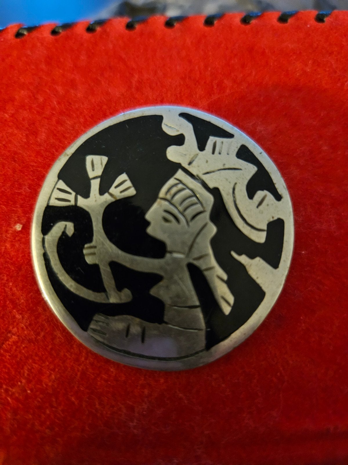 Vintage Alpaca Mexico Broche - Zilverkleurig met Zwart, Overige materialen, 4 tot 7 cm, Gebruikt, Ophalen of Verzenden