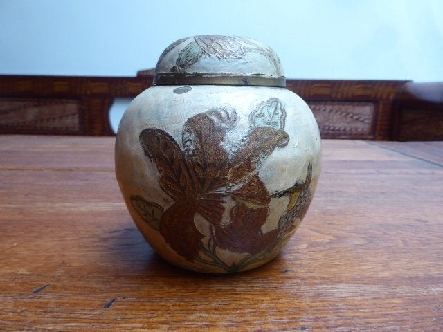 Vintage emaille op koper deksel pot