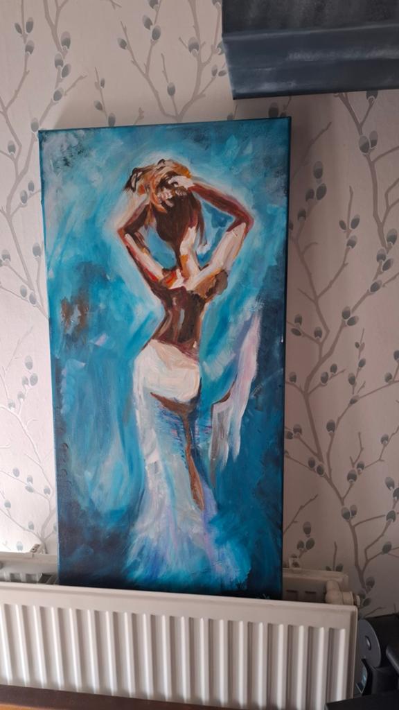 Abstract schilderij van een vrouw in blauwtinten, Ophalen of Verzenden