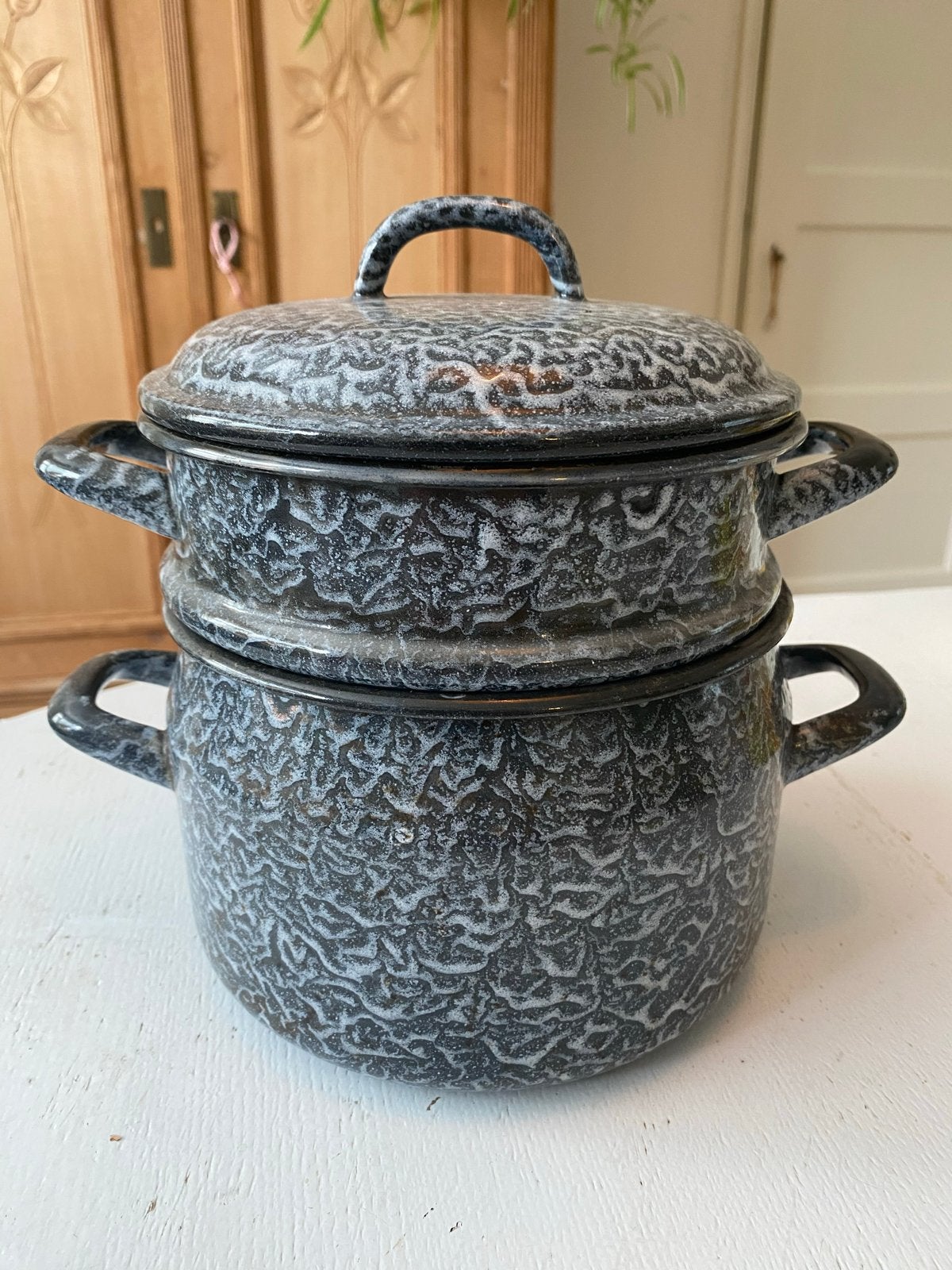 Vintage emaille stoompan - grijs gespikkeld, Ophalen of Verzenden