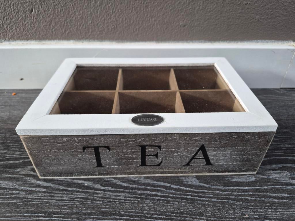 Houten theedoos met 6 vakken en glazen deksel, Ophalen, Gebruikt, Hout, Theedoos