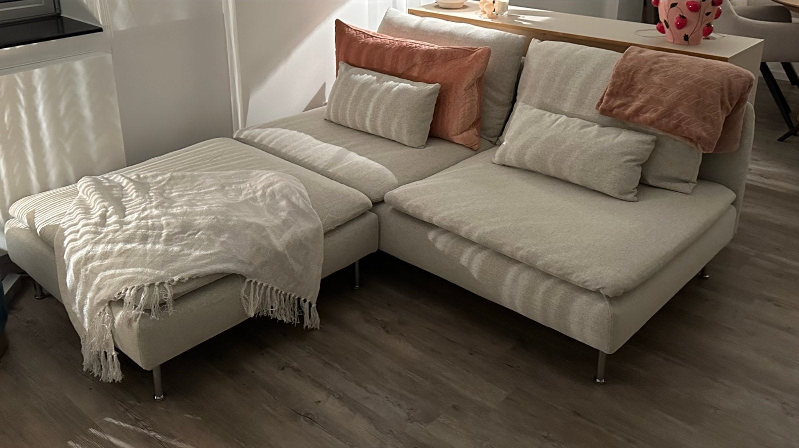 IKEA Söderhamn 3-zitsbank beige met zijkanten én voetenbank, Ophalen, Gebruikt, 150 tot 200 cm, Driepersoons