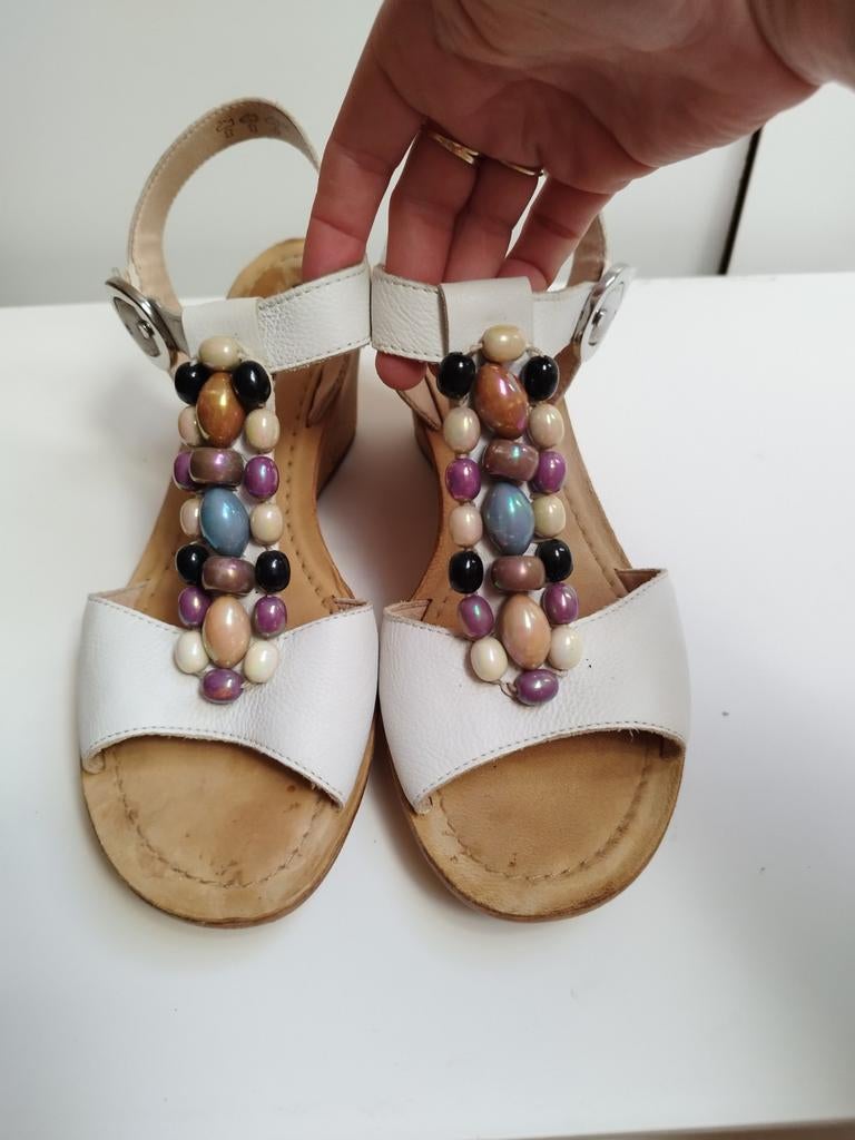 ZGAN Gabor kralen Ibiza sleehak kurk sandalen 7 40,5 Wit, Kleding | Dames, Schoenen, Verzenden, Wit, Gabor, Sandalen of Muiltjes