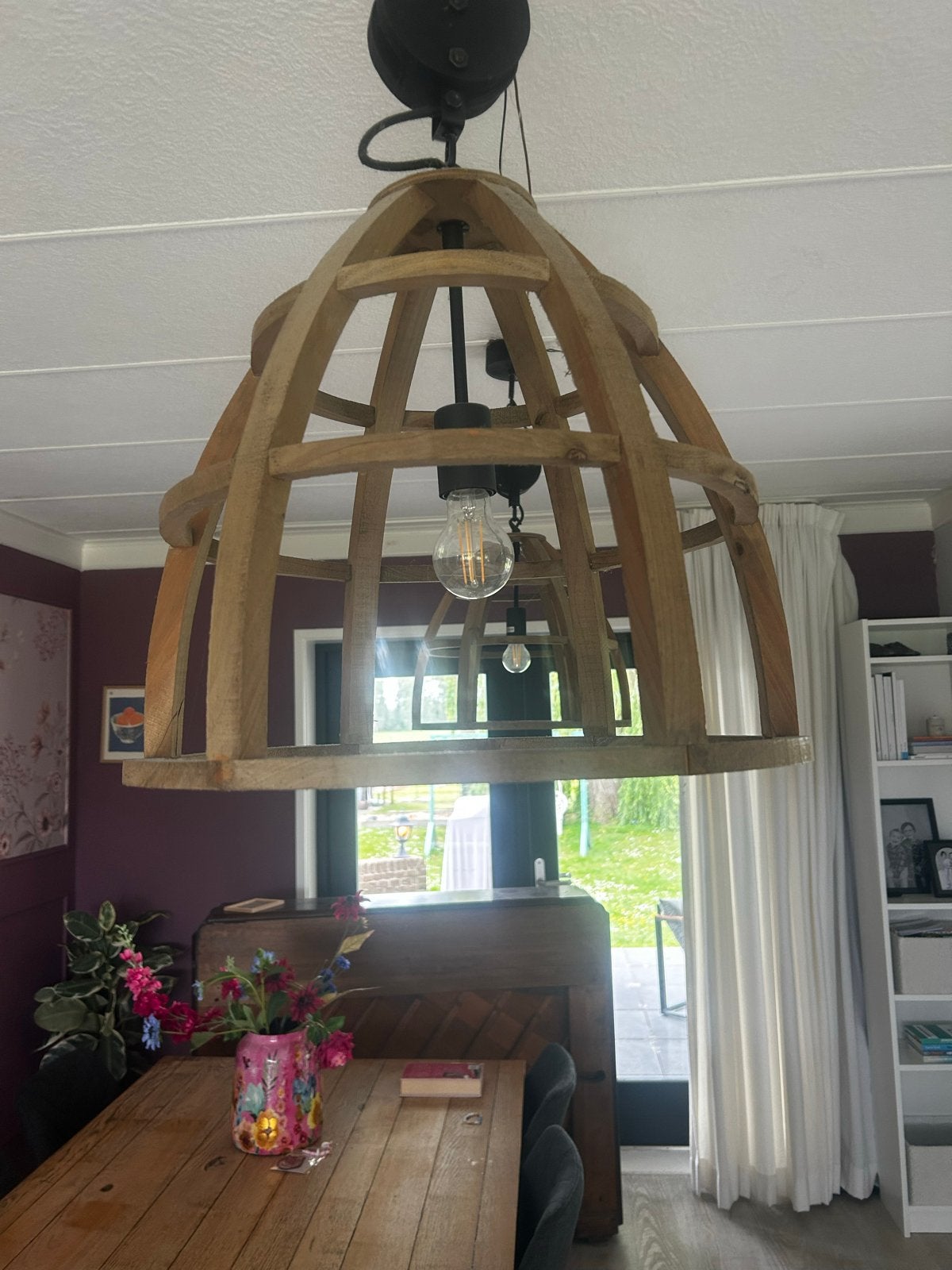 Houten hanglamp met katrol - Landelijke stijl, Huis en Inrichting, Ophalen of Verzenden, Gebruikt, Hout, E27 (groot)
