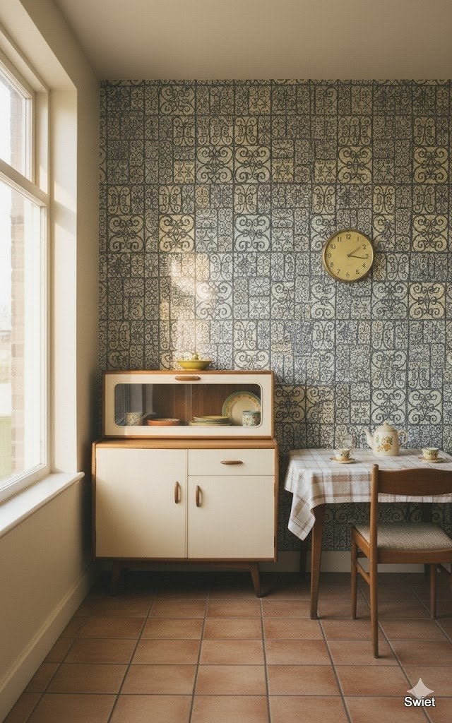 14239 tegellook behang in pastel en grijs siermotief swiet, Verzenden, Minder dan 10 m², Grijs