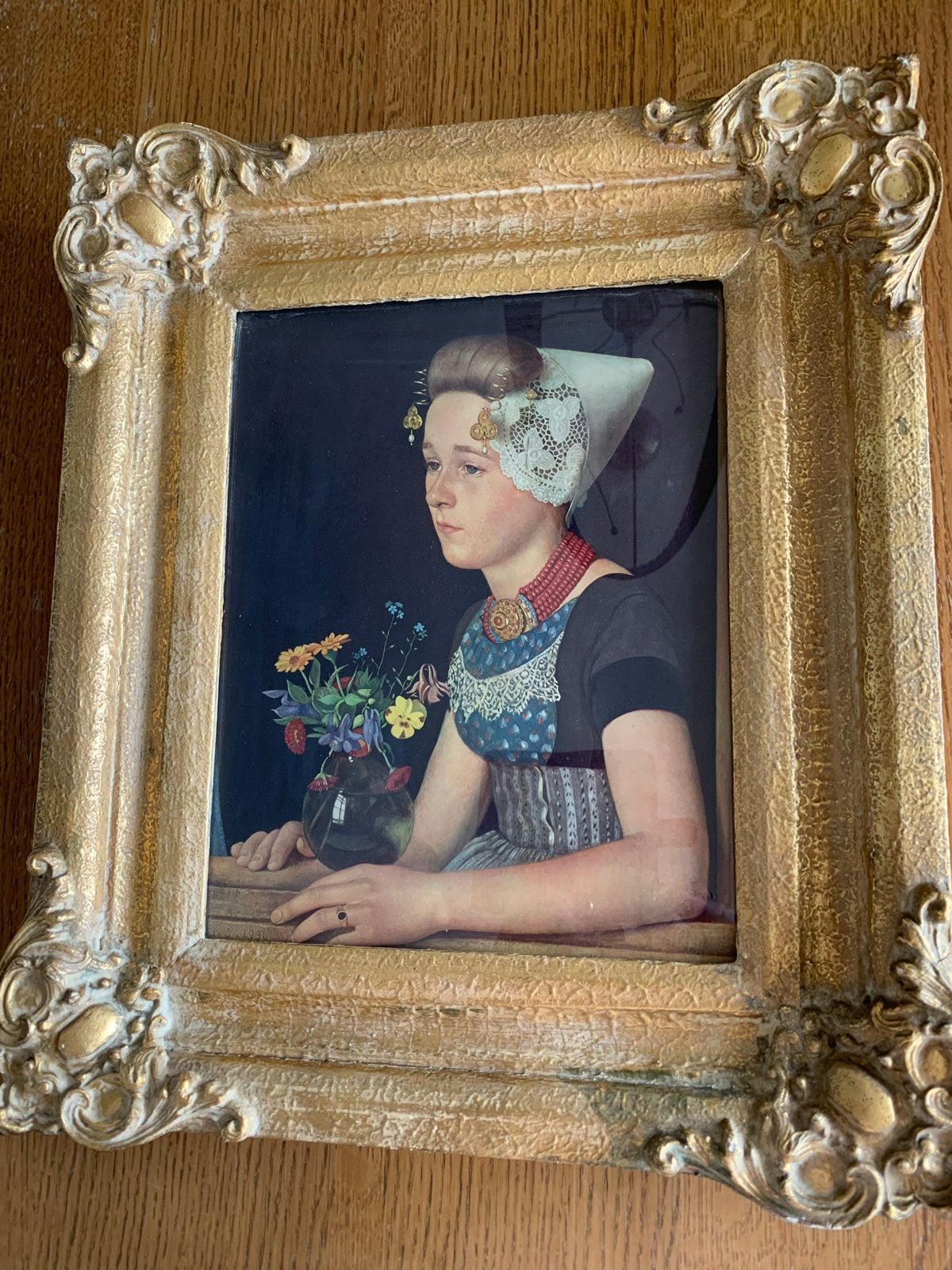 Reproductie van litho: Vrouw in klederdracht, Ingelijst, Ophalen of Verzenden, Portret en Figuren, Lithografie