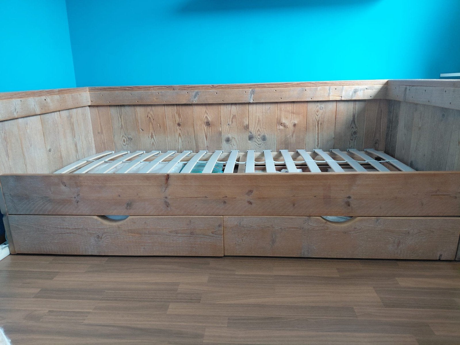 Stoer steigerhouten bed 90x200, 2 lades = veel opbergruimte, Ophalen, Gebruikt, 90 cm, Eenpersoons