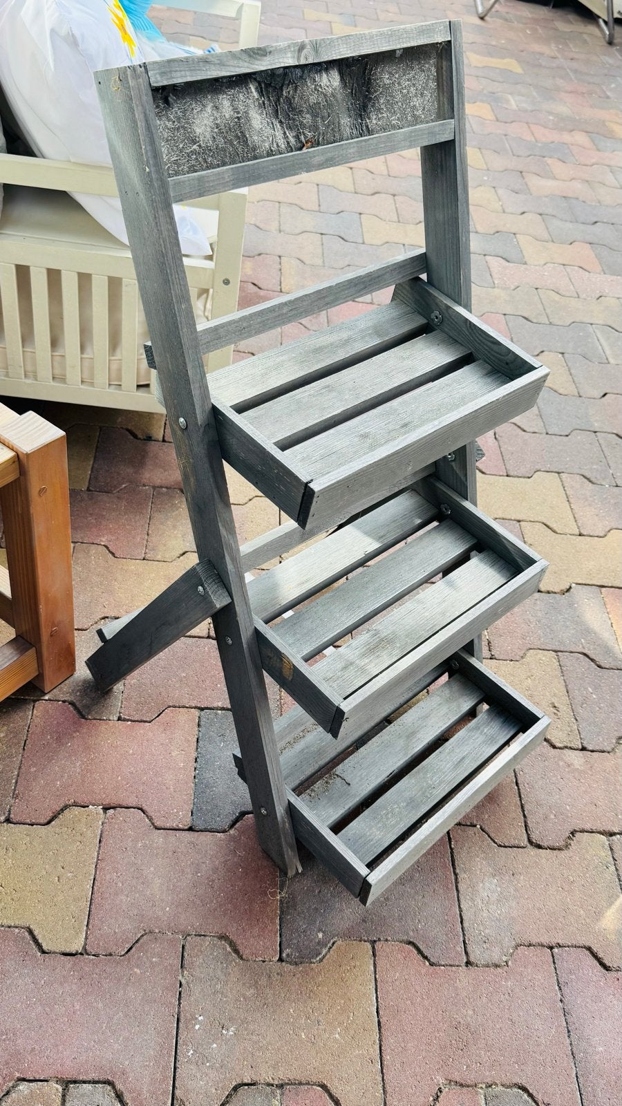 Houten plantenrek met 3 niveaus - Grijs, Gebruikt, Minder dan 60 cm, Ophalen of Verzenden, Binnen