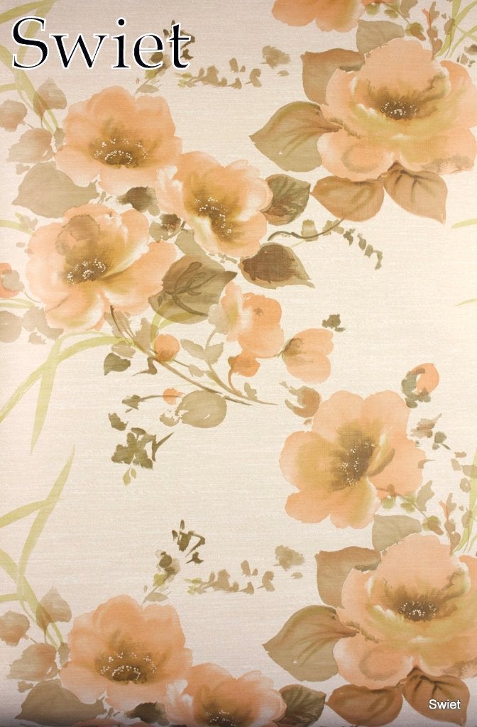 6543 zalm oranje bloemen vintage wallpaper beige groen swiet, Verzenden, Beige