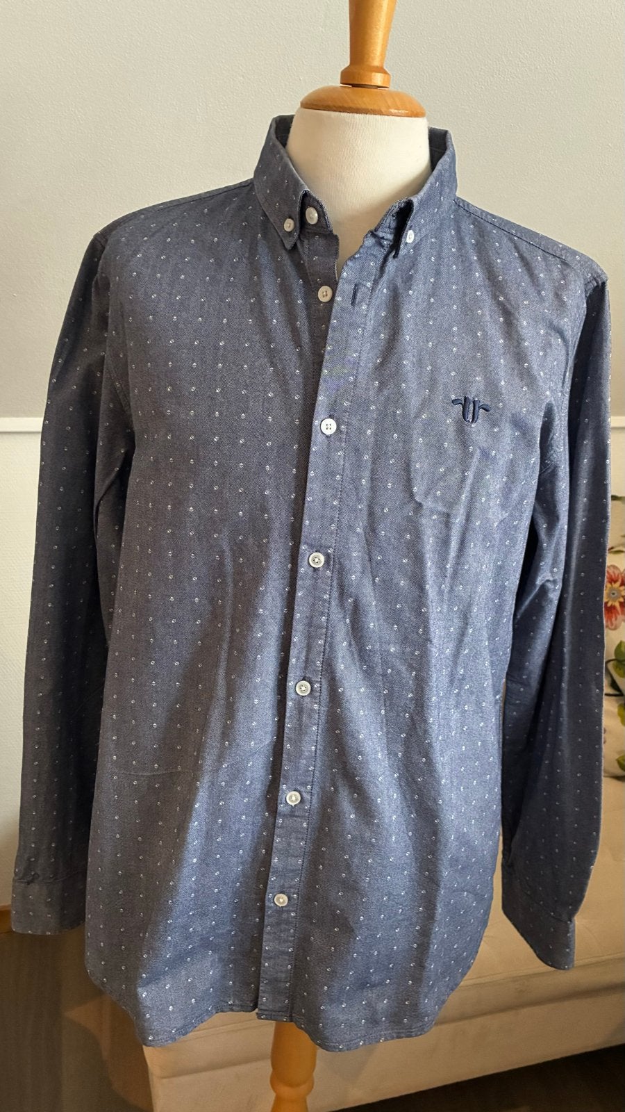 Heren overhemd 'Required' mt XXL, jeans-blauw met wit figuur, Ophalen of Verzenden, Zo goed als nieuw, Blauw, Overige halswijdtes