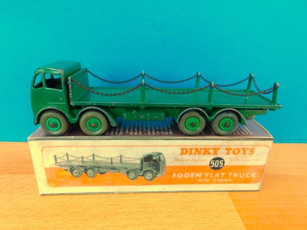 DINKY TOYS No. 505 FODEN KETTINGWAGEN MET REPRO DOOS (1), Ophalen of Verzenden, Gebruikt, Bus of Vrachtwagen, Dinky Toys