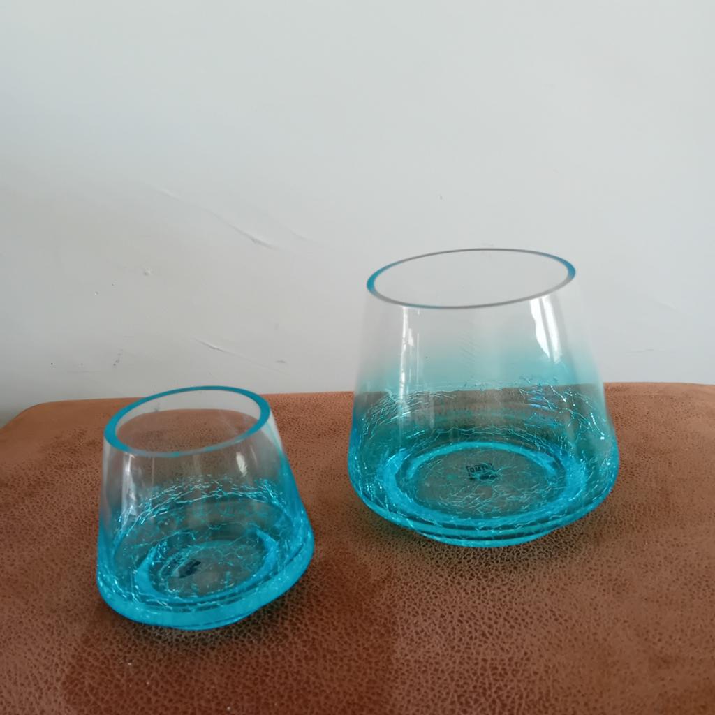 Kaarshouder blauwe craquelé glazen vazen/windlichten, Ophalen