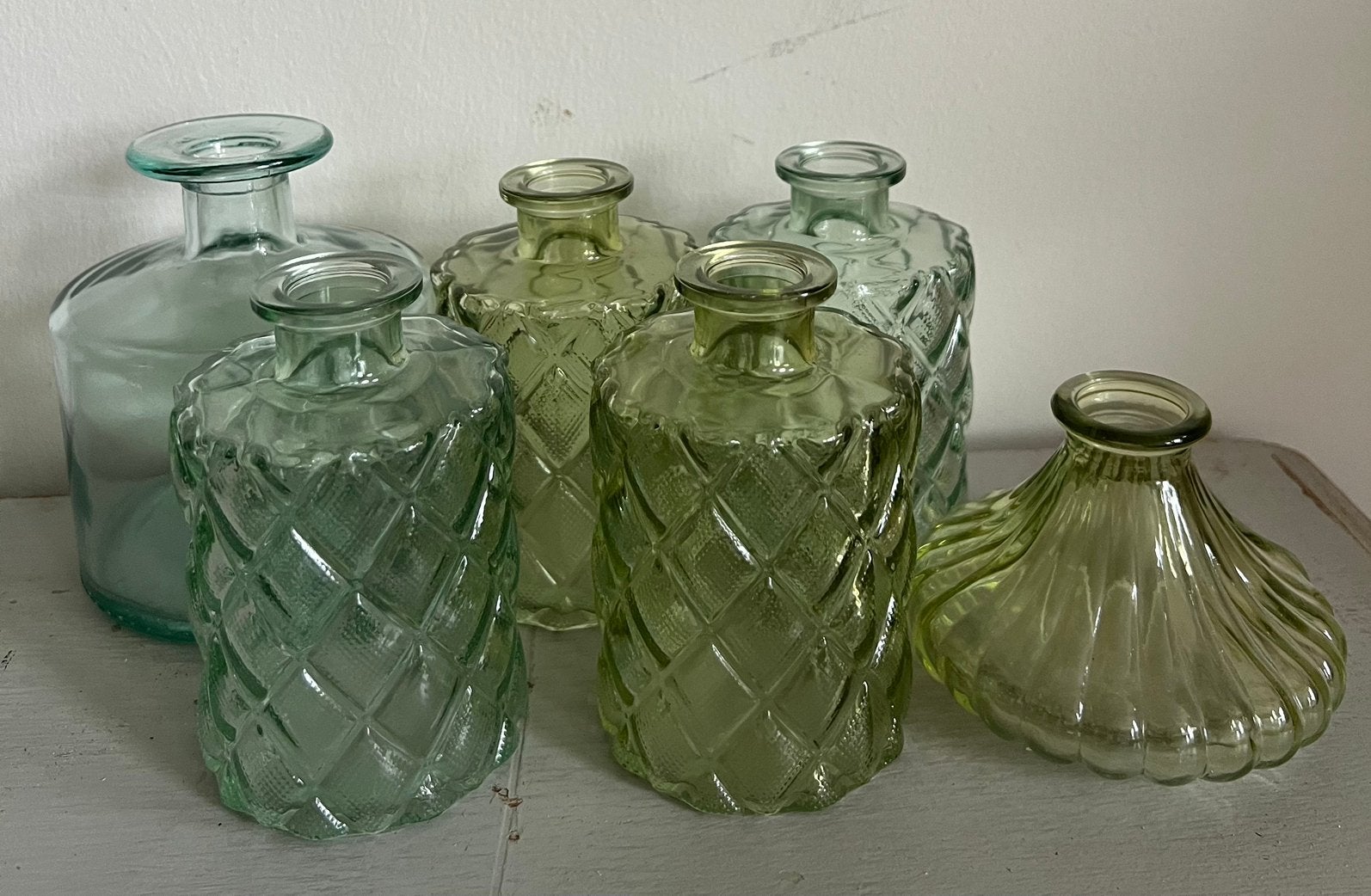 6 vaasjes vintage groen, Ophalen of Verzenden, Zo goed als nieuw, Glas