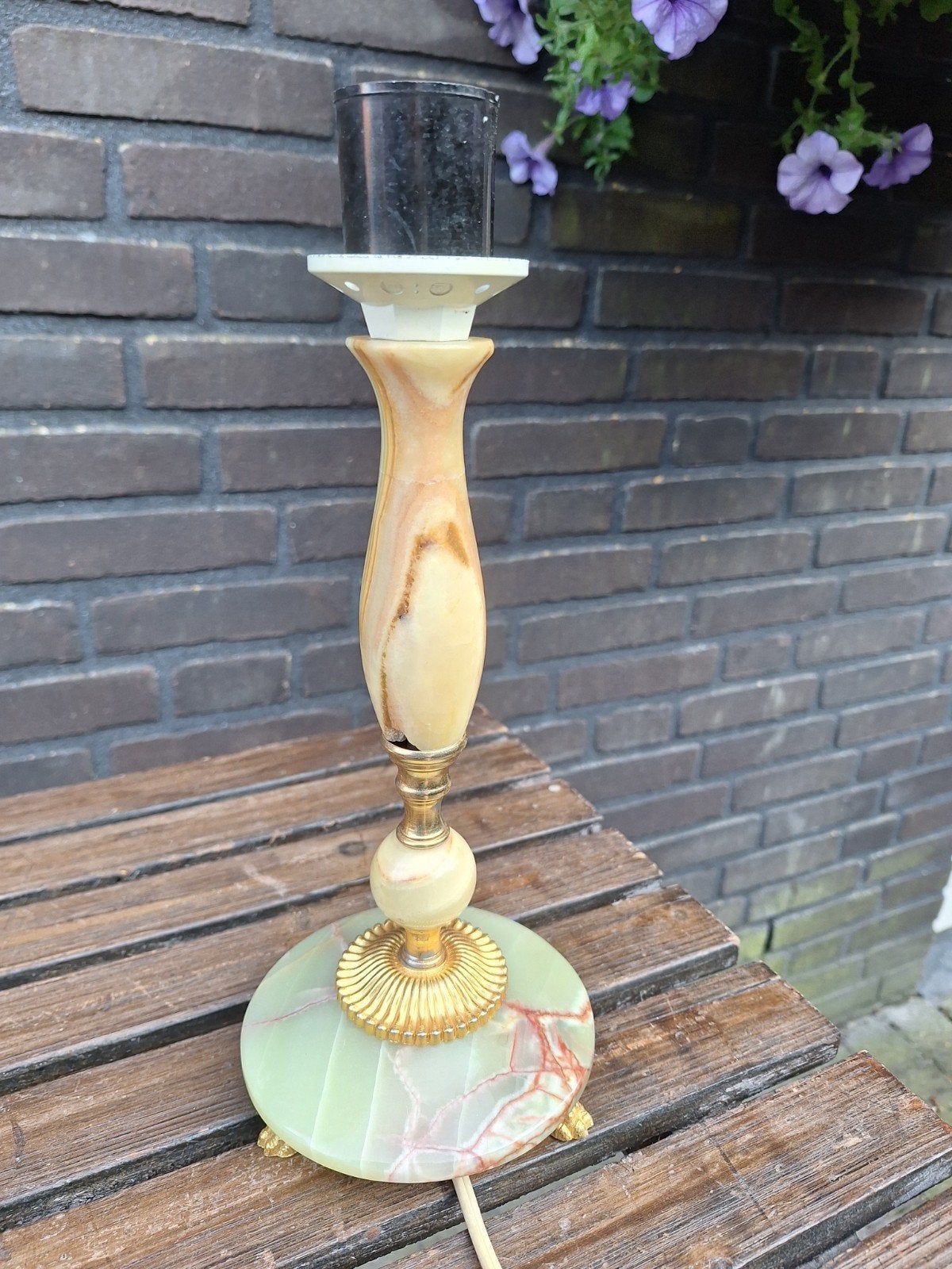Vintage Onyx Tafellamp - Groen en Bruin Marmer, Ophalen of Verzenden