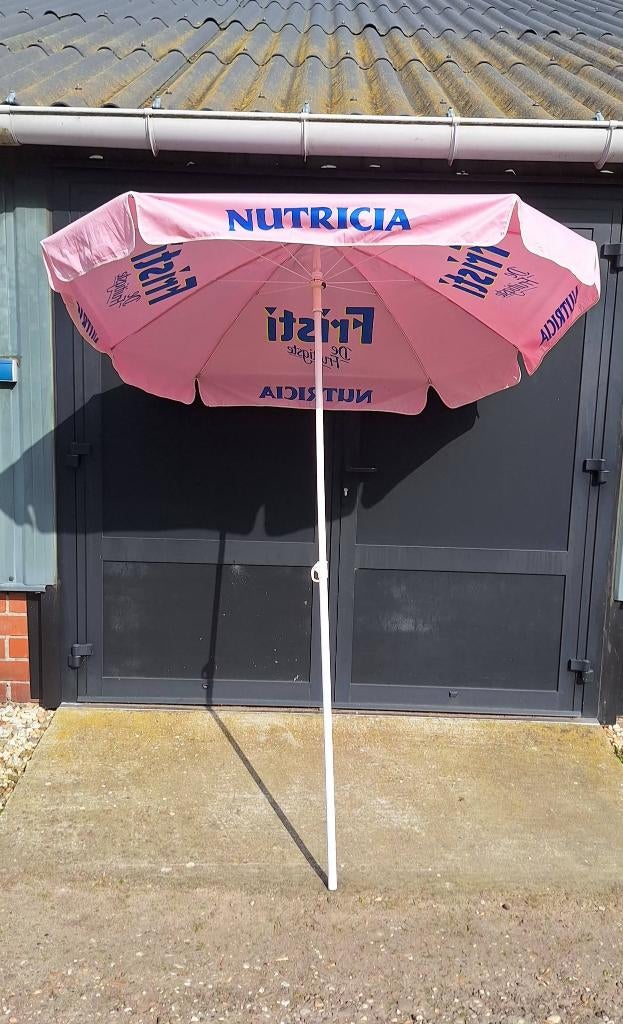 Vrolijke vintage reclame parasol, parasols, div. soorten🌞, Tuin en Terras, Parasols, Gebruikt, ., Ophalen of Verzenden, 1 tot 2 meter