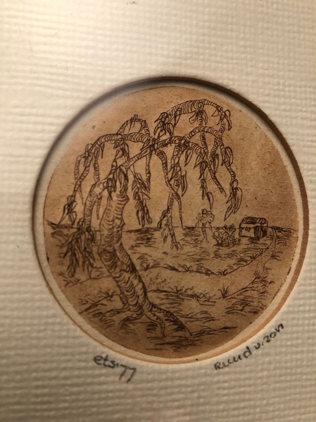 Ets '77 van Ruud van Zon - Treurwilg en Landschap, Ophalen of Verzenden, Gesigneerd, Landschap, 1950 - 1999