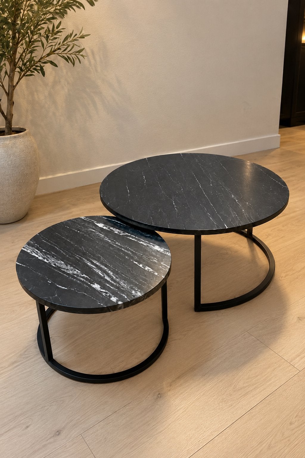 Luxe tweedelige salontafel set met marmeren bladen, Ophalen, Overige materialen, Rond, 50 tot 100 cm