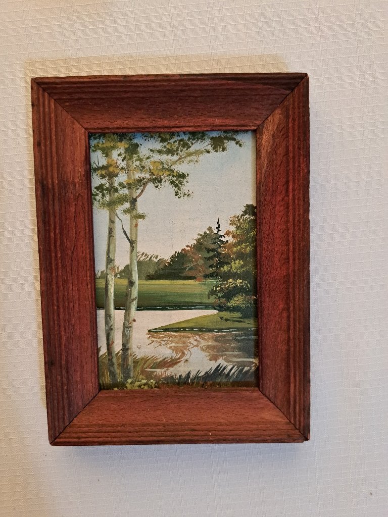 Schilderijtje berken meer houten lijst olieverf schilderij, Verzenden, Realistisch, Origineel werk, Landschap