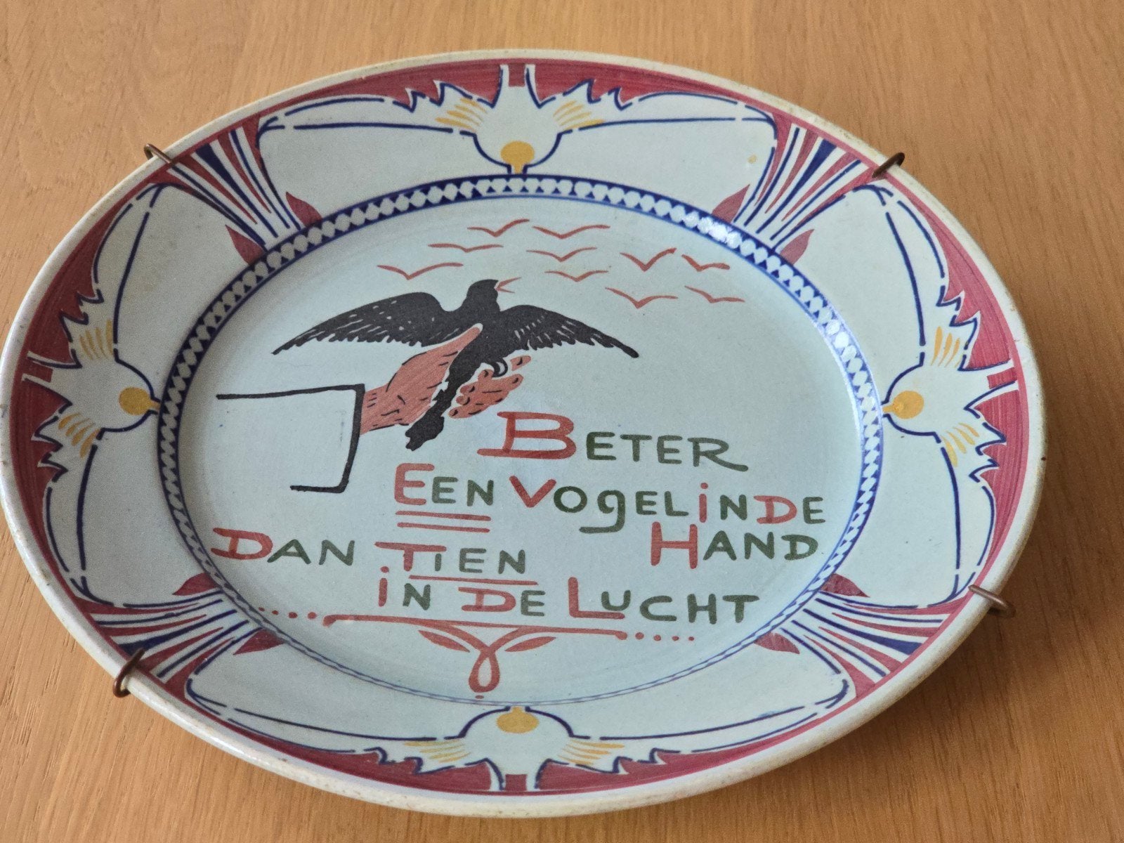 antiek bord "Beter één vogel in de hand dan tien in de lucht, Ophalen of Verzenden