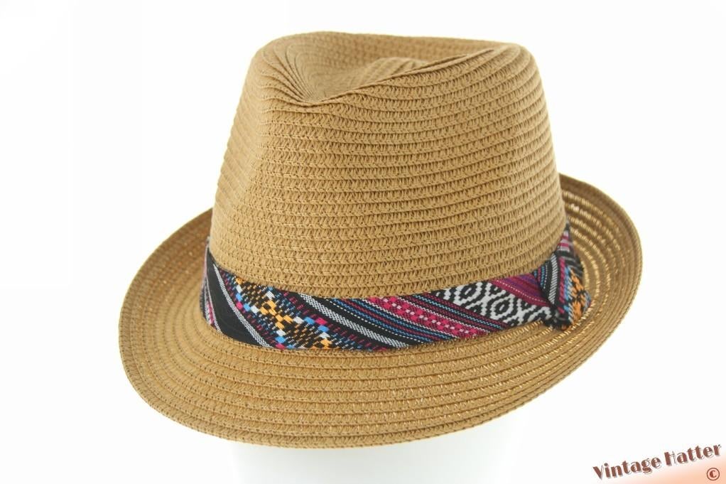 zomer Trilby hoed bruin beige papier kleurige band 55 t/m 61, Ophalen of Verzenden, Nieuw, One size fits all, Hoed