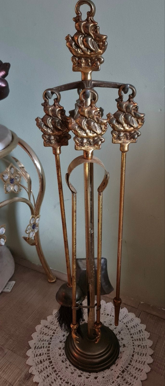 Antieke messing haardstel met scheepsdetails, Ophalen of Verzenden