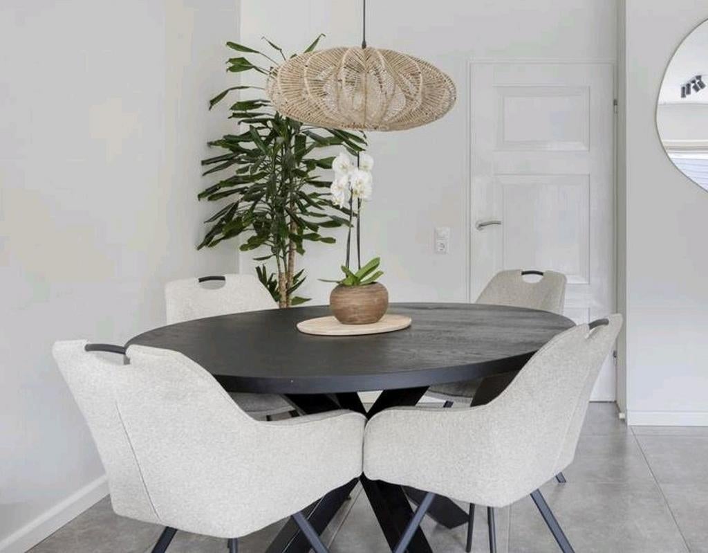 Ronde zwarte eikenhouten eettafel, Ophalen, Vijf personen of meer, Modern, 100 tot 150 cm
