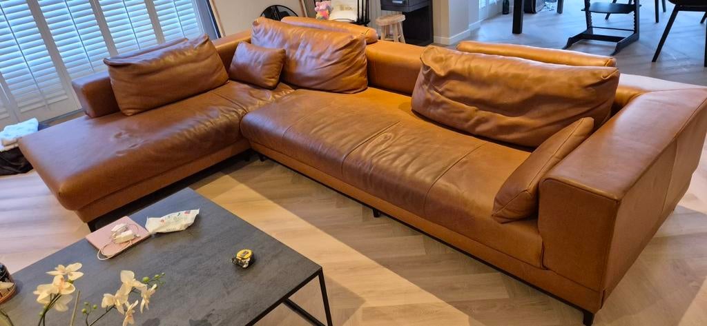 Leren hoekbank cognac kleur /chaise longue /  330 x 216 cm, Ophalen, Gebruikt, Hoekbank, 300 cm of meer