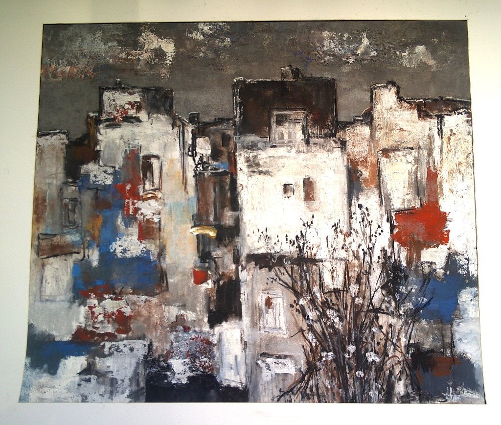 Zuid-Franse stad '90 - Jelle Hoogstra (1924-2003), Gouache, Expressionistisch, Ophalen of Verzenden, Origineel werk