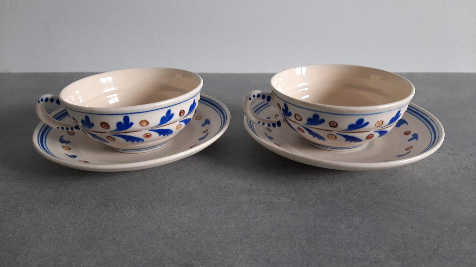 Plateel kop en schotels Gouda Holland beige blauw zeldzaam, Ophalen of Verzenden