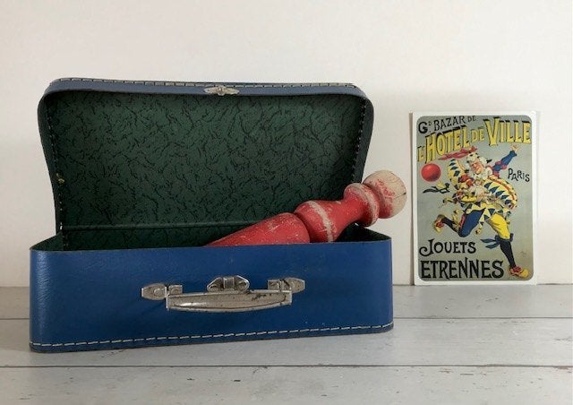 Vintage blauw koffertje van geperst karton, Ophalen of Verzenden