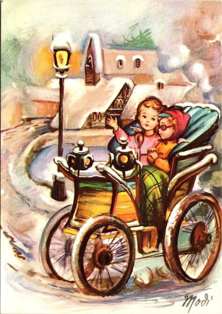 Vintage Kerstkaart: Kinderen in Koets in Sneeuwlandschap, Verzenden, 1960 tot 1980, Ongelopen, Feest(dag)
