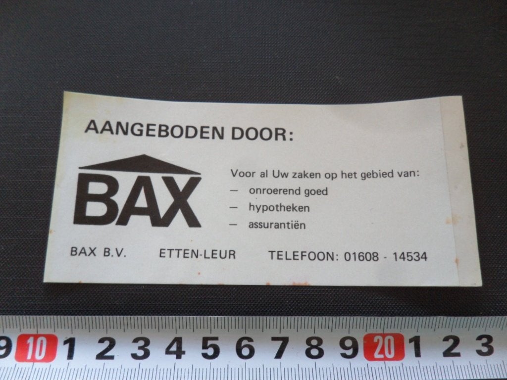 sticker etten-leur BAX BV onroerend goed hypotheken assurant, Ophalen of Verzenden, Zo goed als nieuw