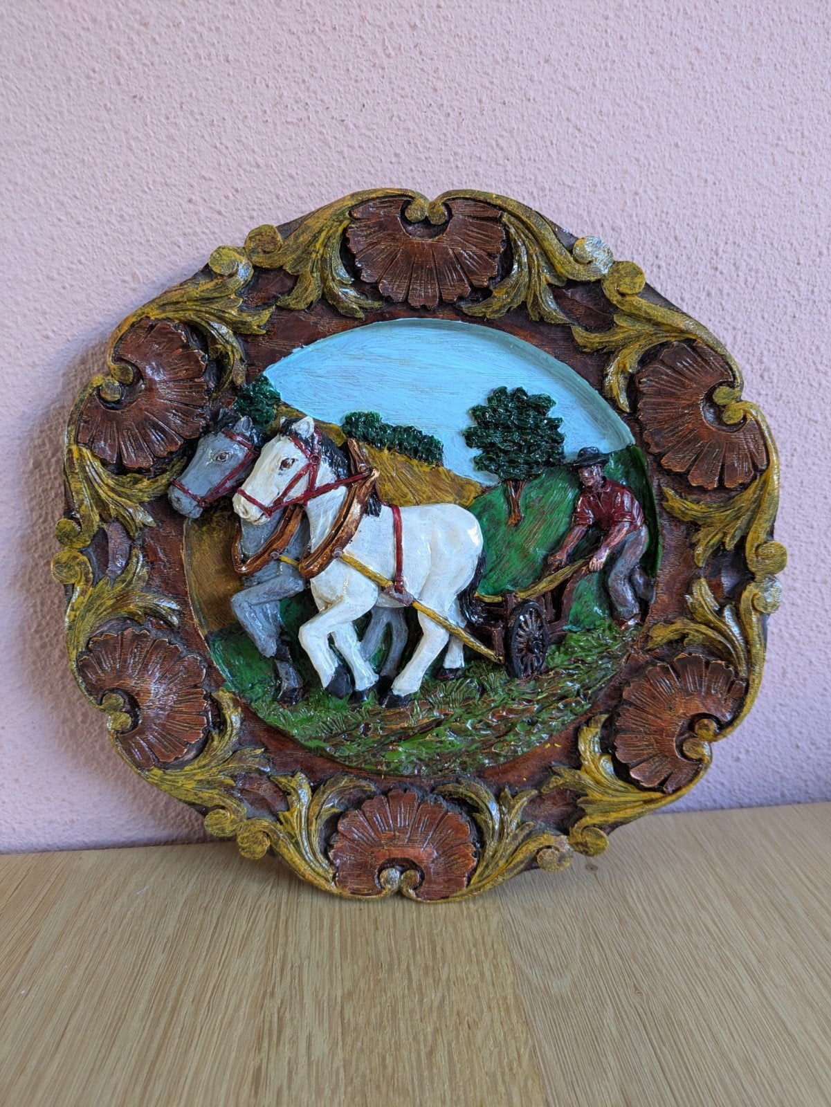 Handgeschilderd houten bord paarden met ploeg, Ophalen of Verzenden