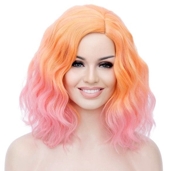 Pruik duo-color schouderlang met golfjes kleuren roze oranje, Ophalen of Verzenden, Nieuw, Pruik of Haarverlenging