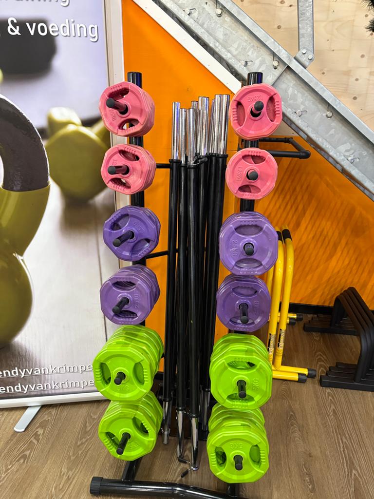 Te koop bodypump stangen incl halterschijven, Ophalen, Gebruikt, Halterset