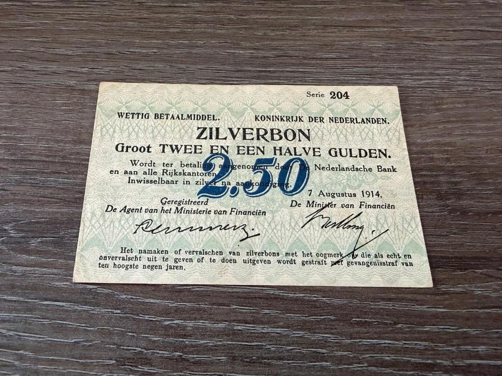 Zeldzaam mooi biljet 2,5 gulden zilverbon, 1914, Postzegels en Munten, Bankbiljetten | Nederland, Ophalen of Verzenden, 1 gulden
