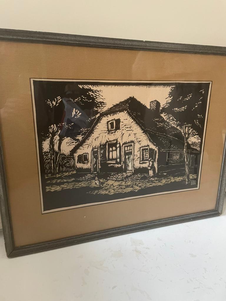 Houtsnede boerderij Paul van Dam, Antiek en Kunst, Kunst | Litho's en Zeefdrukken, Ophalen