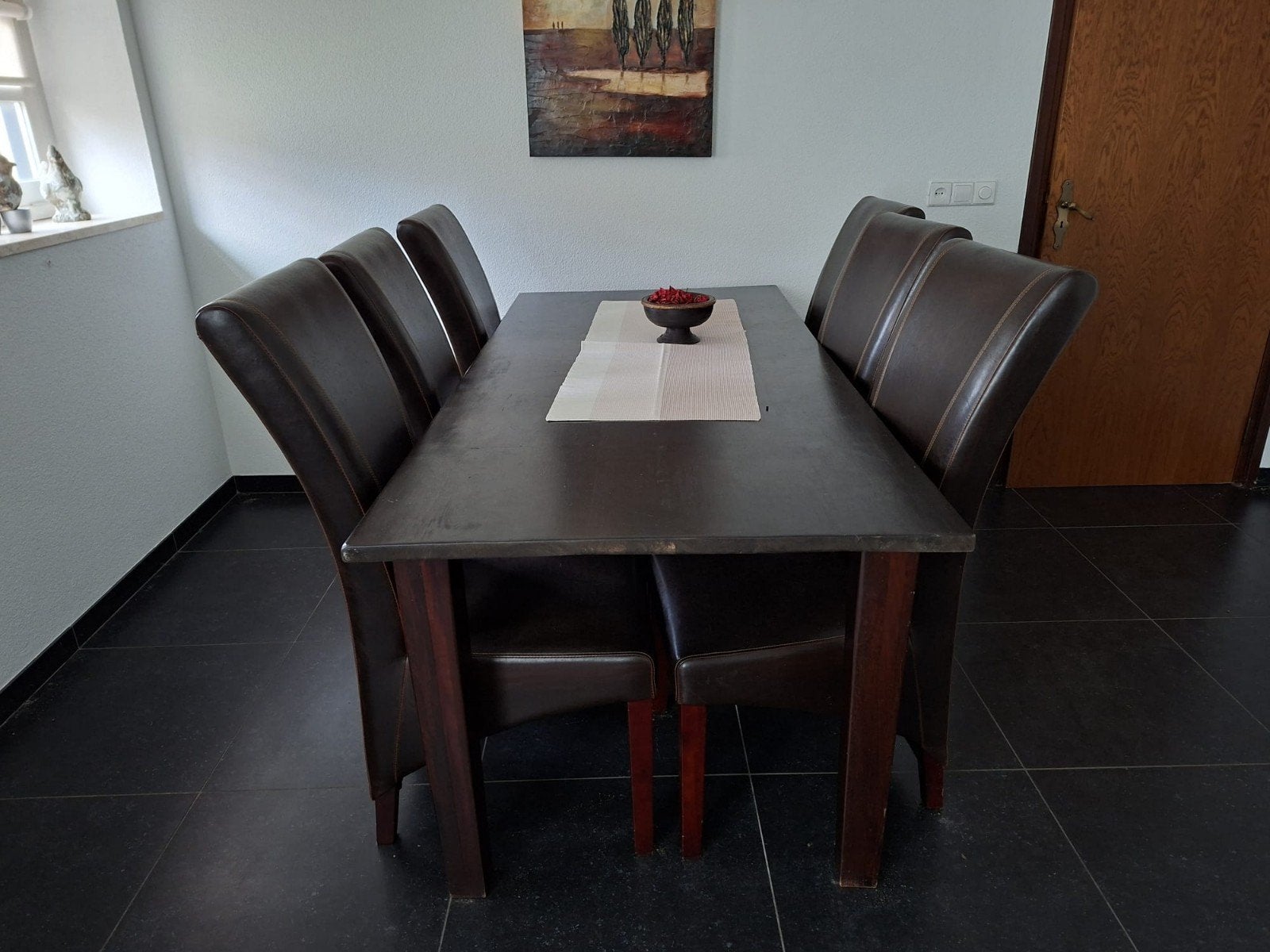 Teakhouten eettafel met 6 stoelen, Ophalen, Gebruikt, Teakhout, 50 tot 100 cm