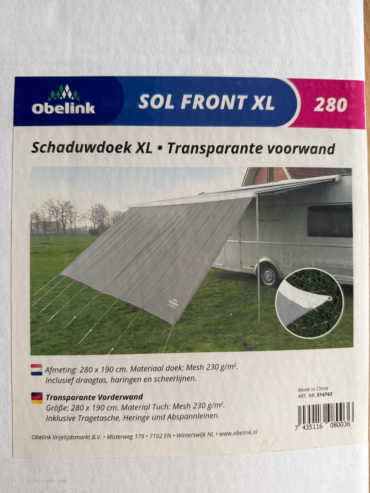 Obelink Sol Front XL 280 Schaduwdoek/Transparante Voorwand, Verzenden, Zo goed als nieuw
