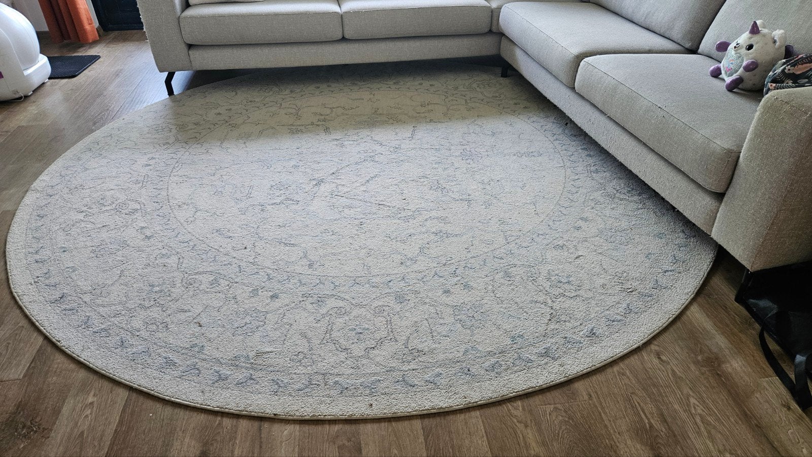 Groot rond (3m diameter) vloerkleed met grijs/blauw patroon, Ophalen, Grijs, Rond, 200 cm of meer