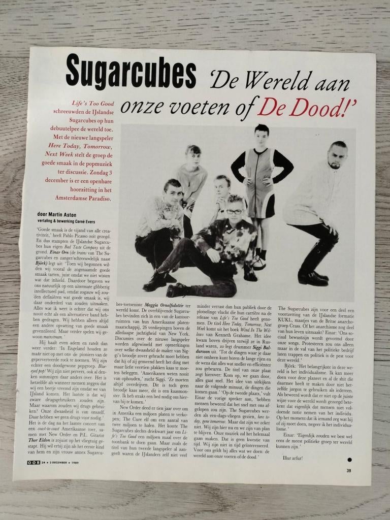 Sugarcubes 1-pagina artikel OOR tijdschrift December 1989, Verzenden, Zo goed als nieuw, Boek, Tijdschrift of Artikel