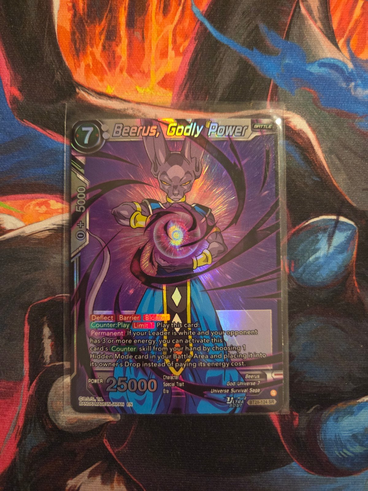 Dragon Ball Super Card Game Beerus, Godly Power BT28-124 SR, Ophalen of Verzenden, Zo goed als nieuw, Losse kaart, Foil